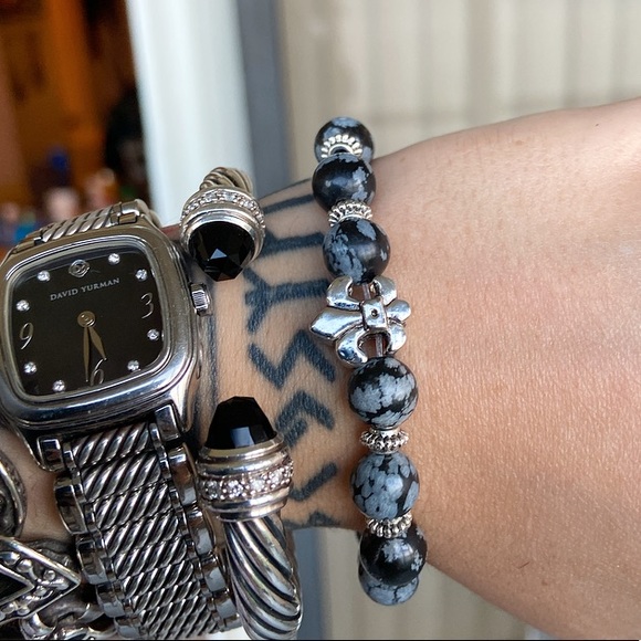 Men or women Obsidian gems fleur de lis bracelet - Picture 4 of 7